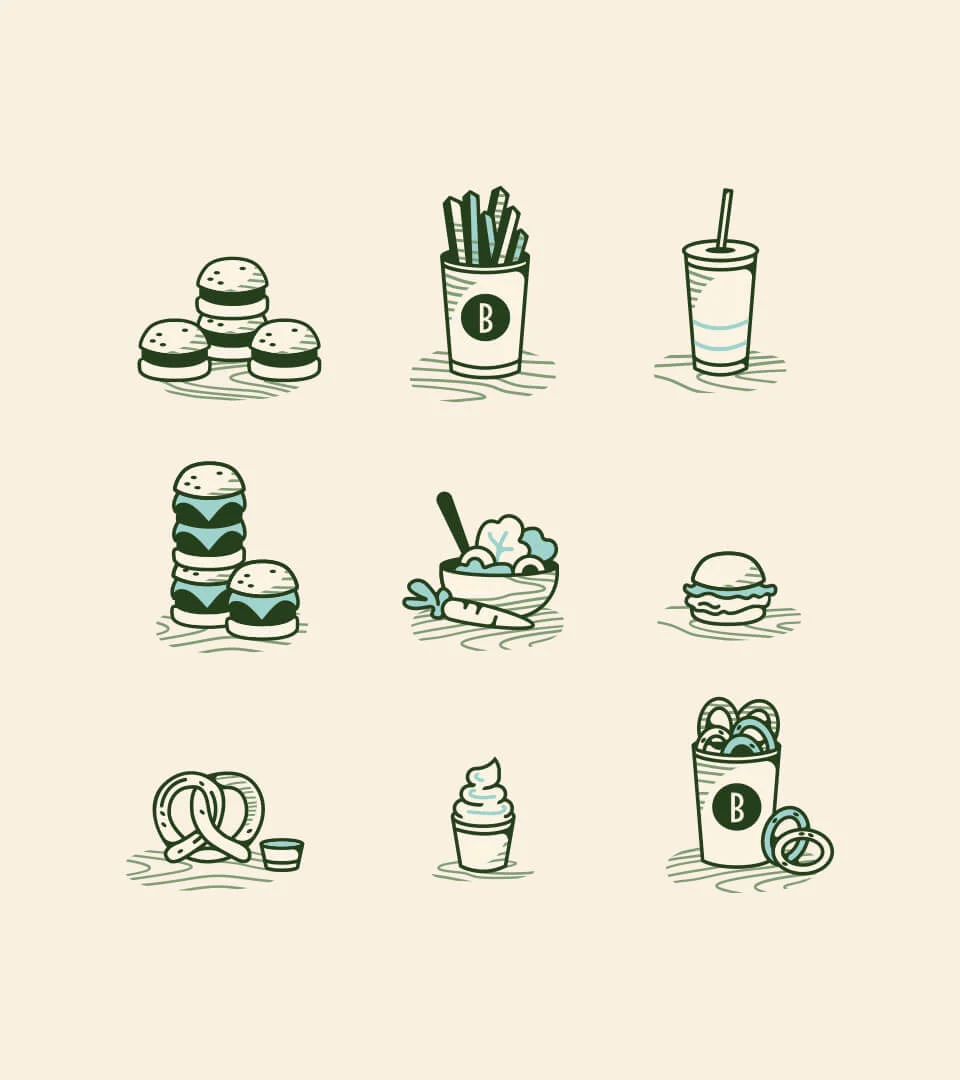 Buckets Burgers & Bites – design work by Melody Rose