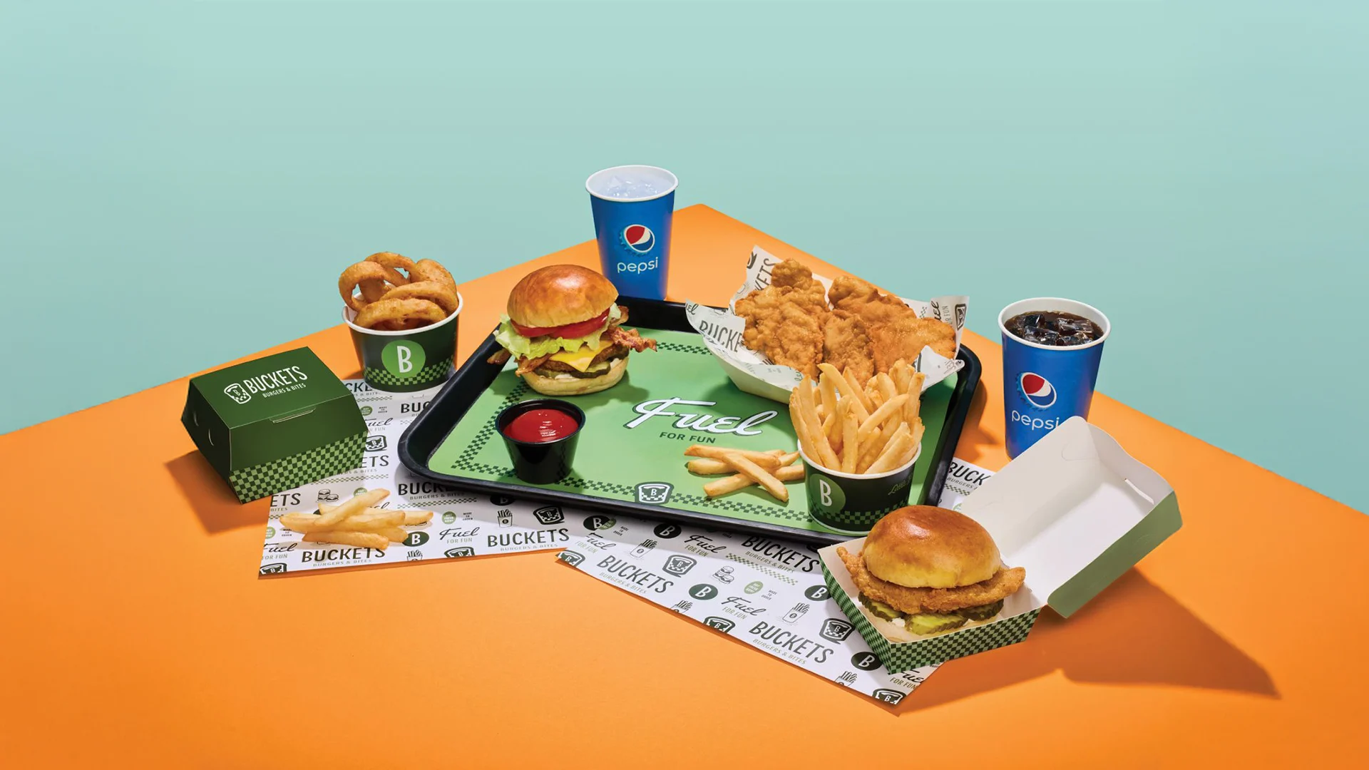 Buckets Burgers & Bites – design work by Melody Rose