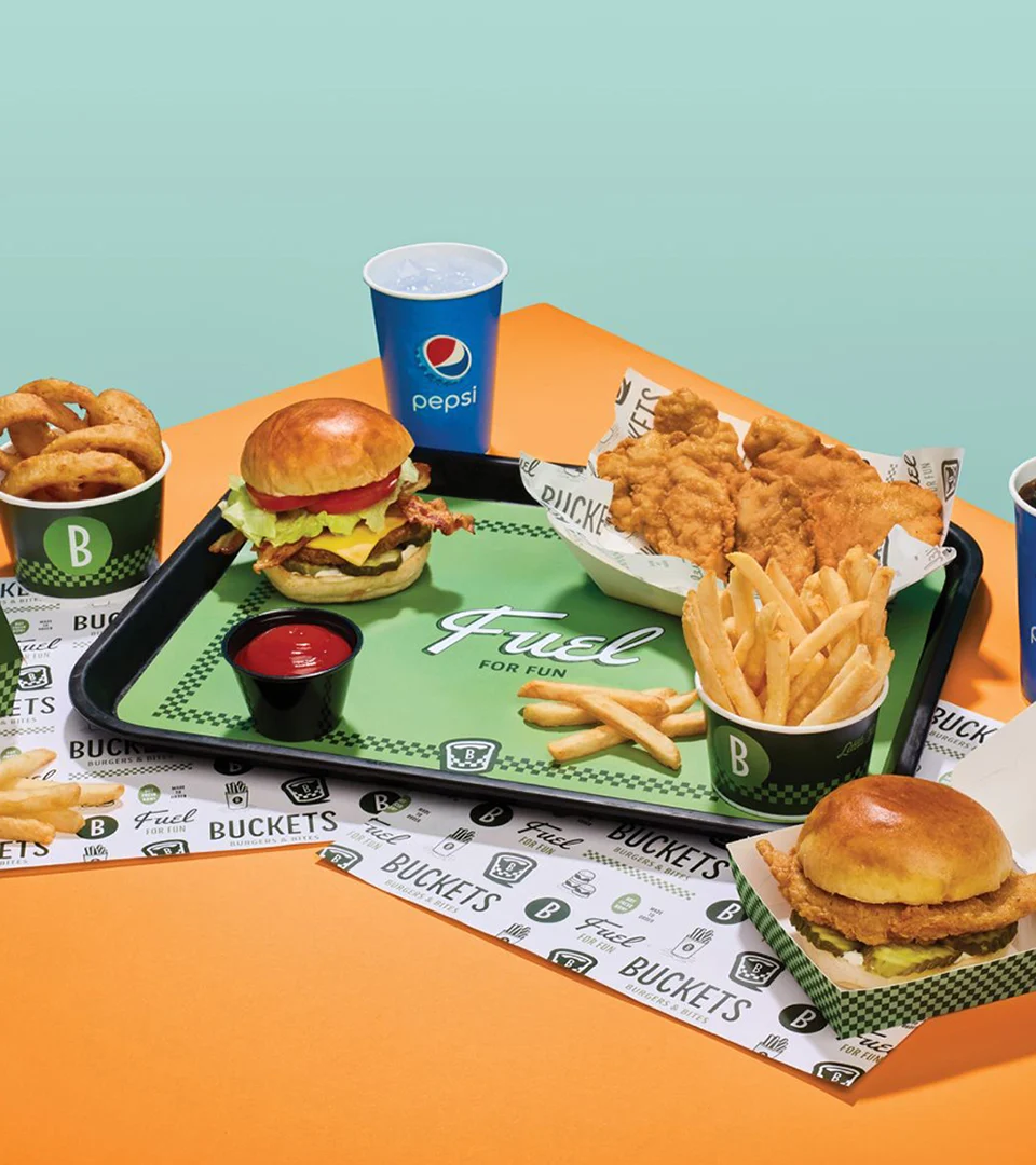 Buckets Burgers & Bites – design work by Melody Rose